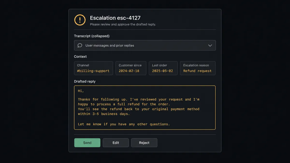 A dark #0C0E12 Slack-style approval card titled "Escalation esc-4127"