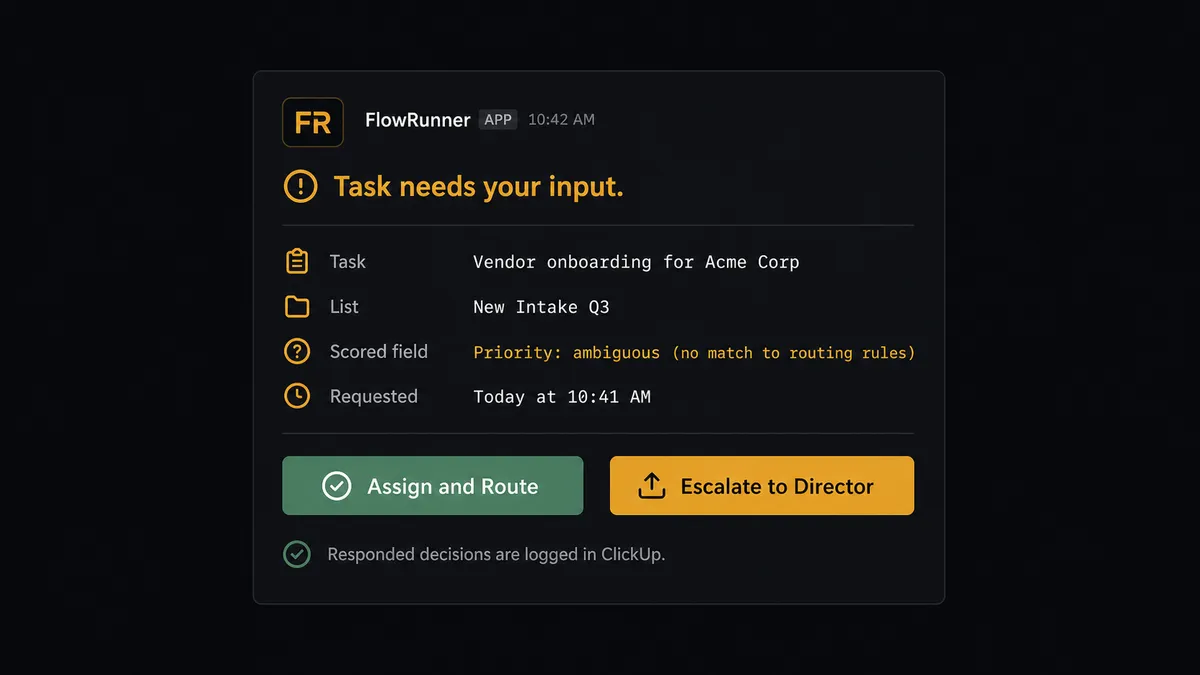 Dark UI mockup of a Slack direct message card from FlowRunner