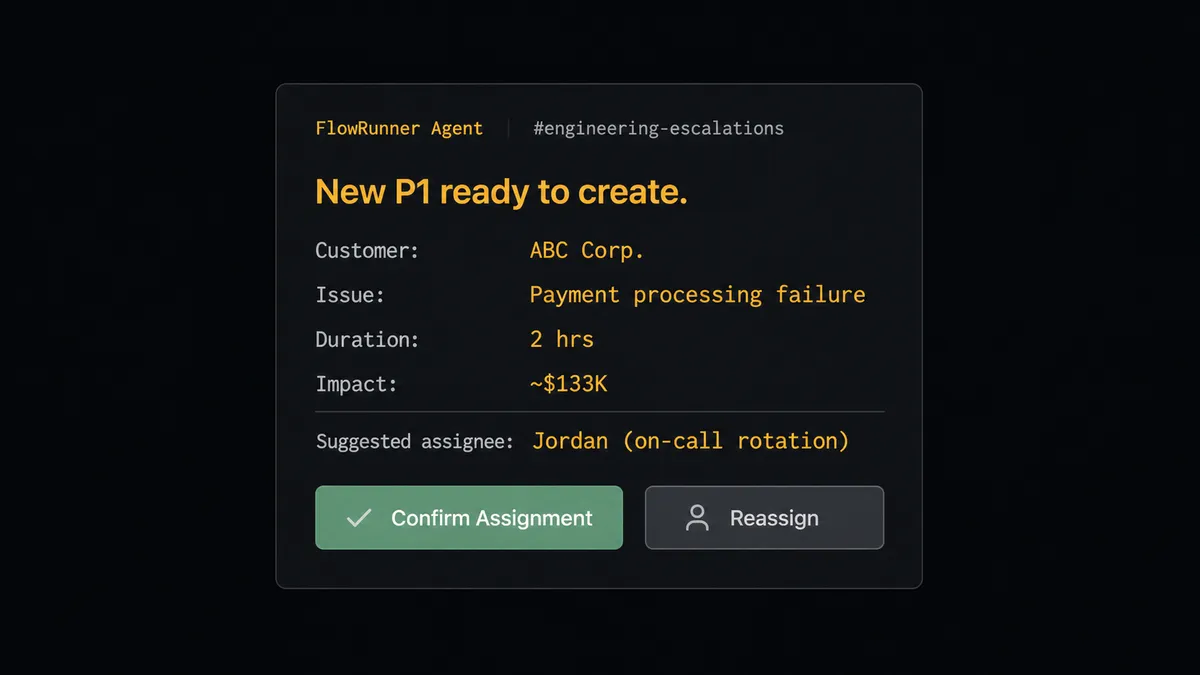 A dark Slack message card from FlowRunner Agent to the engineering-escalations channel