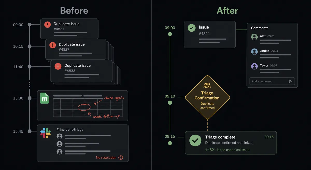 Split-panel dark composition on a #0C0E12 background