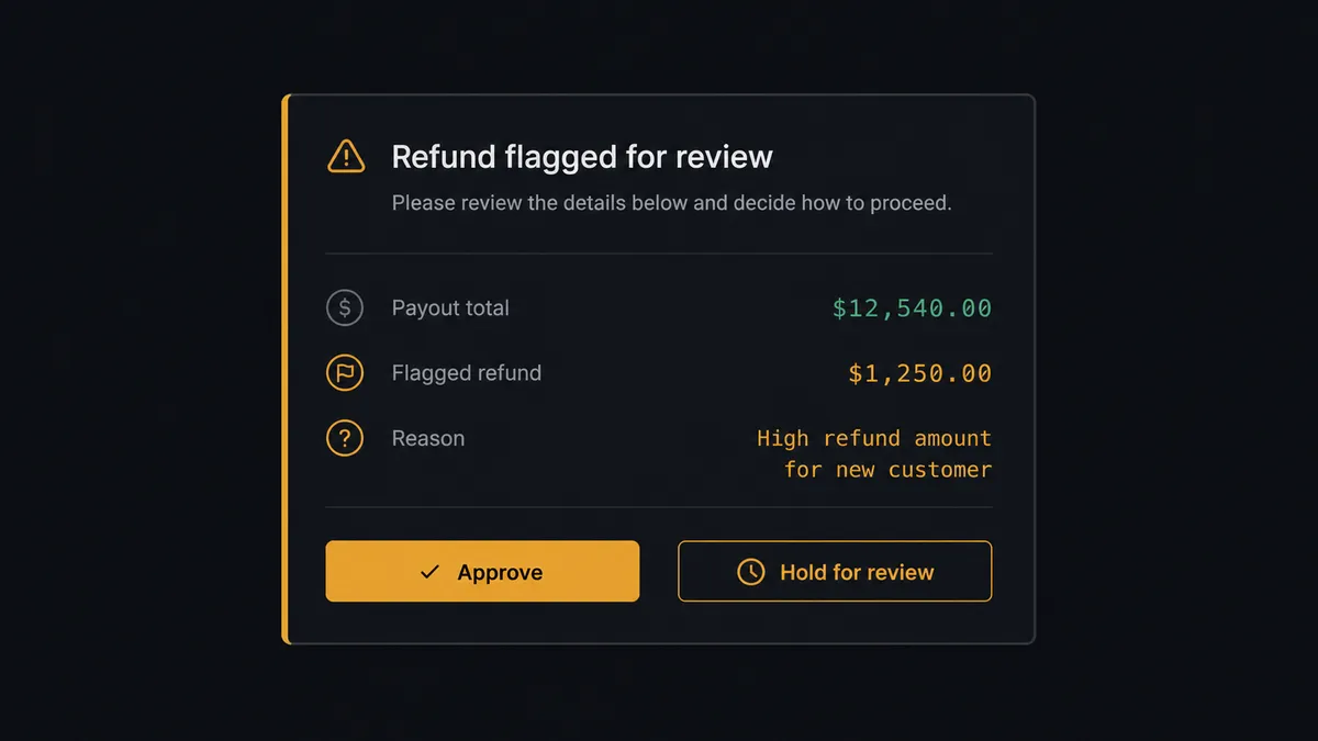 A dark approval card on a #0C0E12 field styled like a chat message with an amber left border, showing a payout total, a flagged refund entry with its dollar amount, the reason it was flagged, and two buttons: Approve and Hold for review