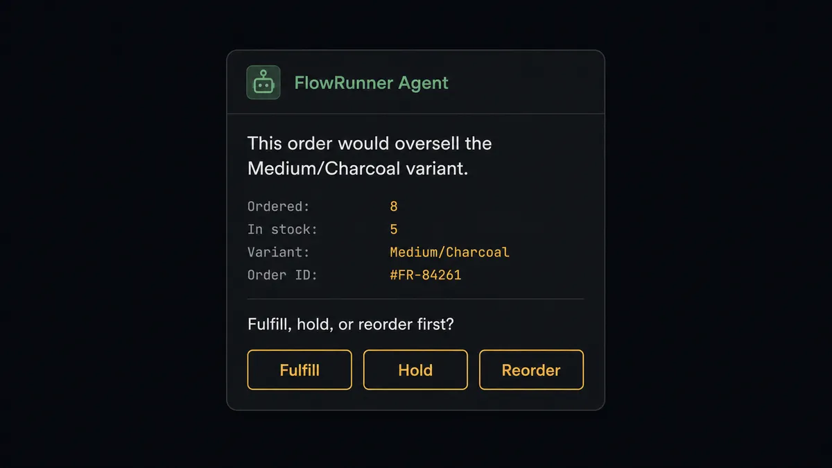 A dark Slack-style approval card on a #0C0E12 background with a sage-green header reading "FlowRunner Agent," body text showing "This order would oversell the Medium/Charcoal variant