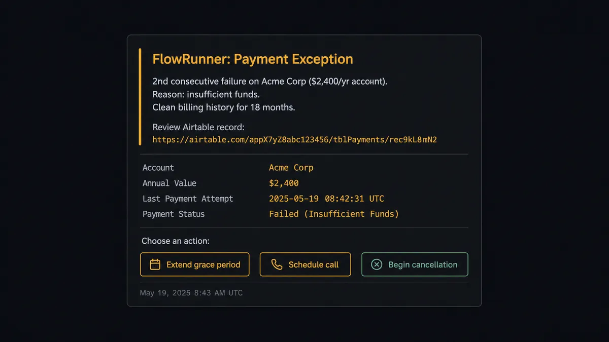 Dark Slack notification card showing an agent escalation message
