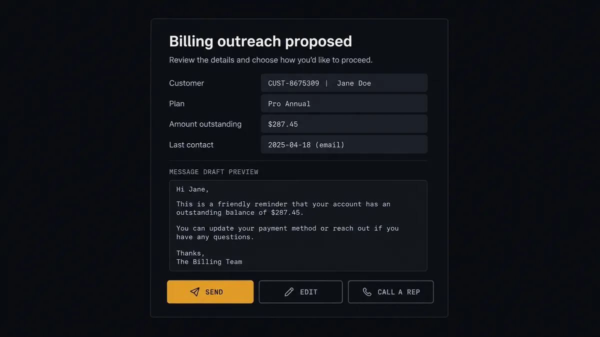A dark approval card on a #0C0E12 field titled "Billing outreach proposed"