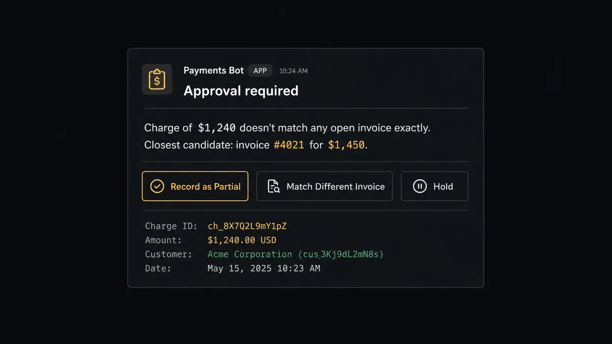 A Slack message card on a dark background showing an approval request: "Charge of $1,240 doesn't match any open invoice exactly