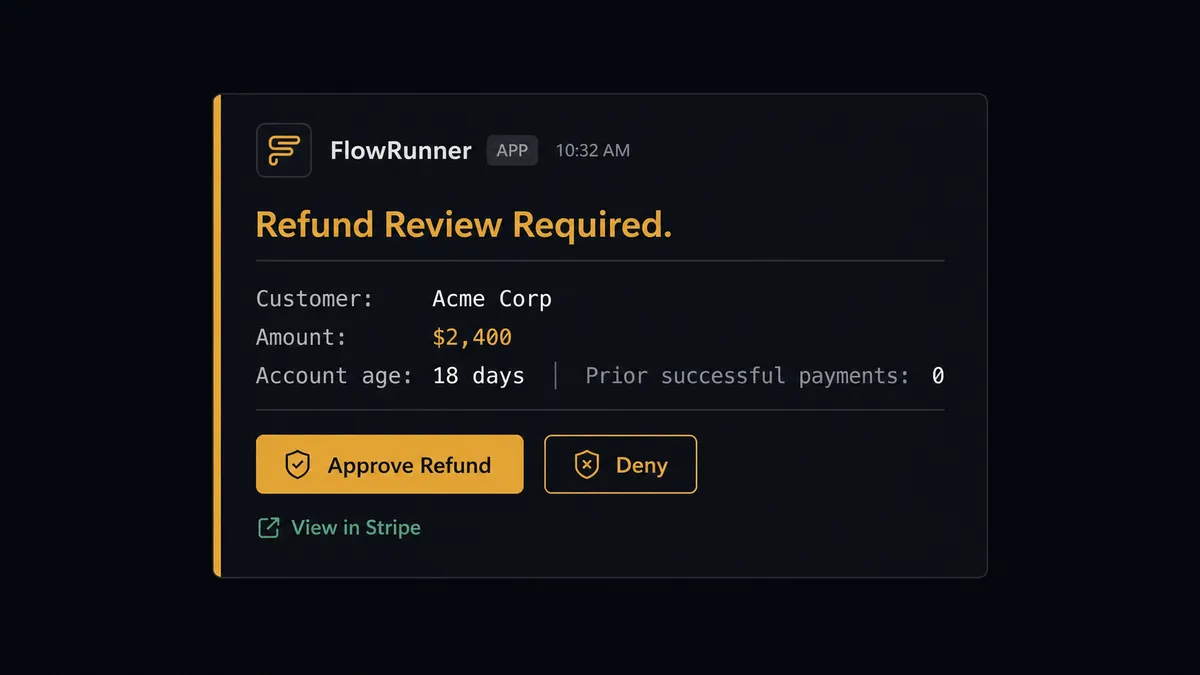 A dark Slack message card from FlowRunner showing a refund alert
