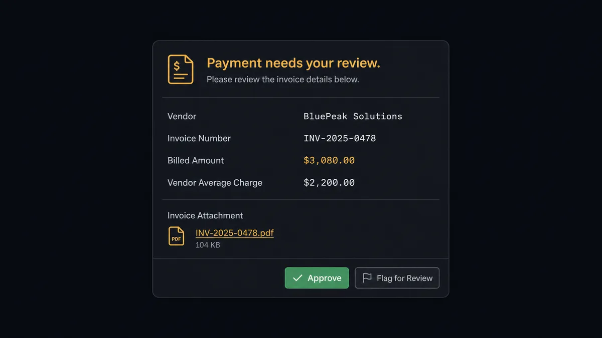 A dark Slack message card in FlowRunner's human-in-loop format