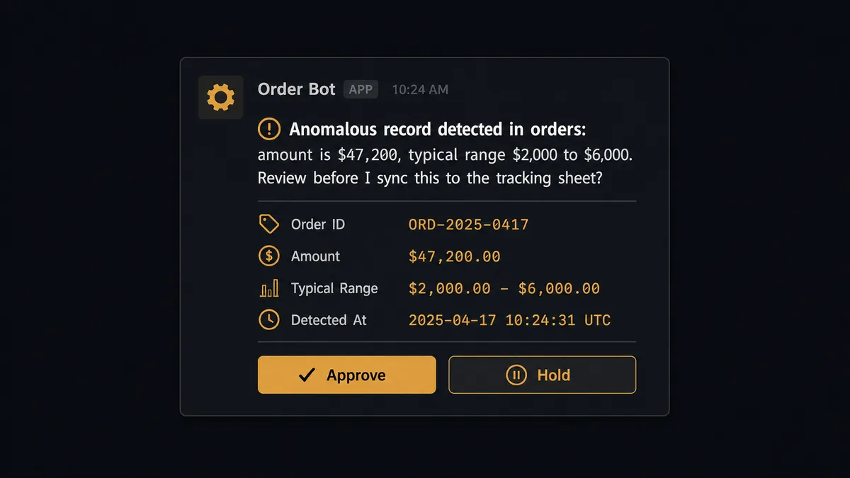 A Slack-style notification card on a dark background showing an automated message with a small gear icon, the text "Anomalous record detected in orders: amount is $47,200, typical range $2,000 to $6,000