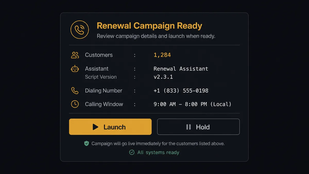 A dark Slack-style approval card on an operator's screen showing a renewal campaign summary: customer count, assistant name and script version, dialing number, and a calling window, with two buttons labeled Launch and Hold beneath the text