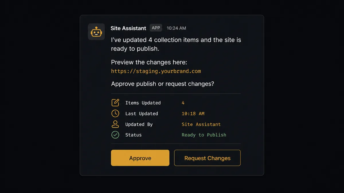 A dark Slack message card showing "I've updated 4 collection items and the site is ready to publish