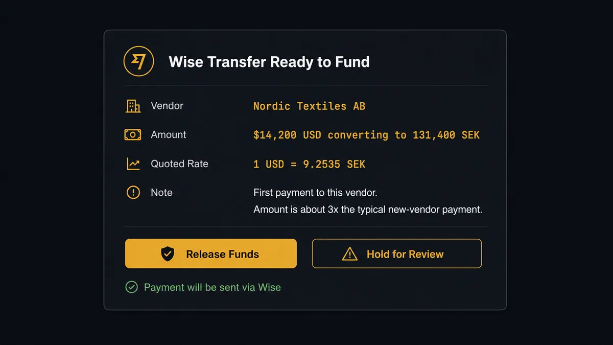 A dark Slack message card shows a payout approval request