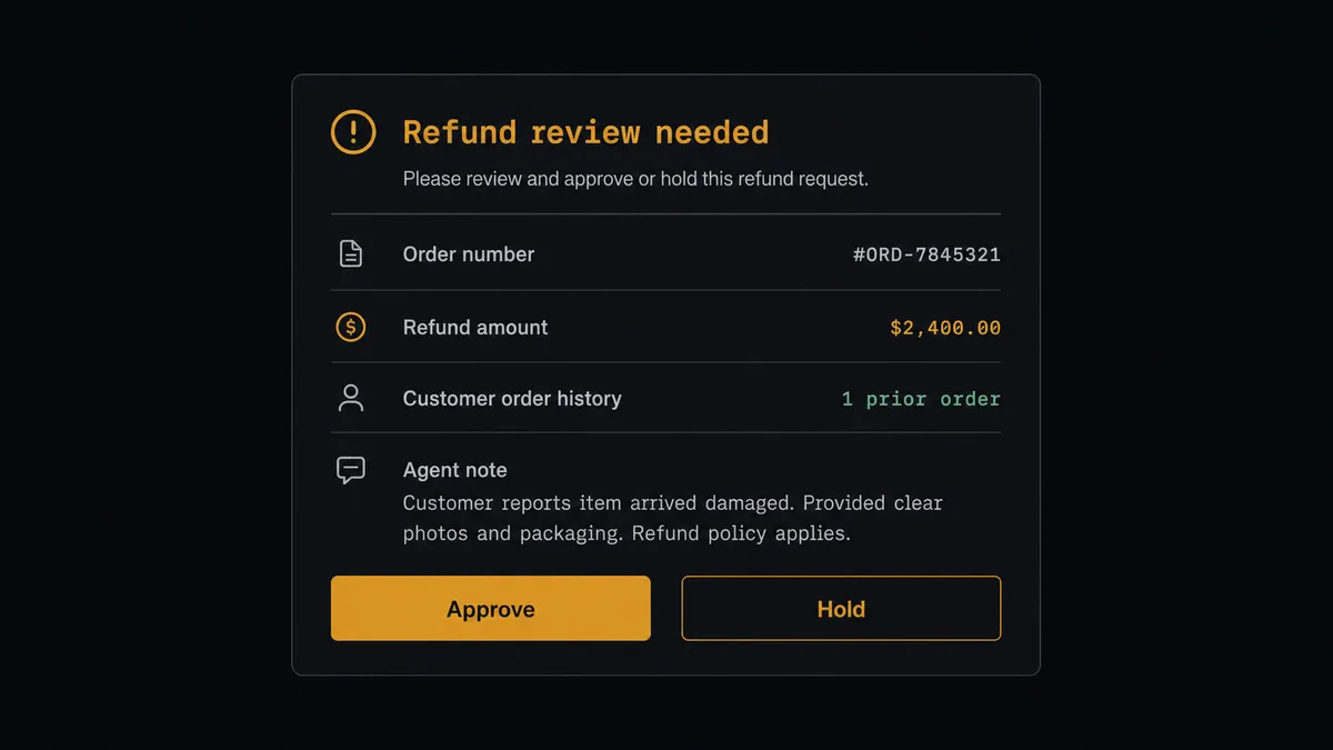 A dark Slack-style approval card showing "Refund review needed", order number, "Refund amount: $2,400", "Customer order history: 1 prior order", a short line of agent reasoning text, and two buttons labeled "Approve" and "Hold"