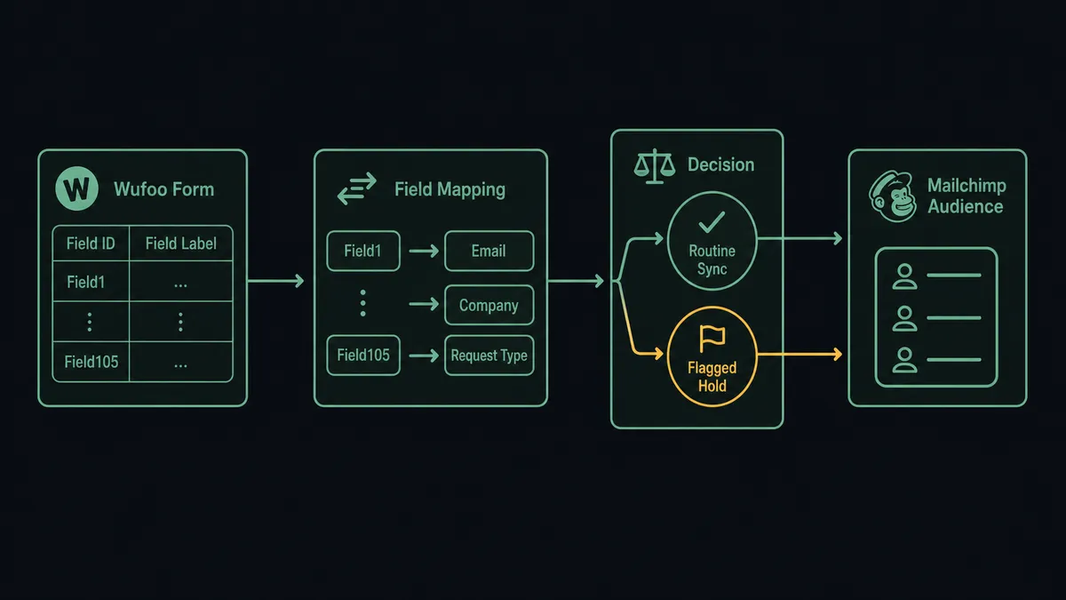 Dark diagram showing four horizontal stages: a Wufoo form with field ID columns (Field1, Field105) on the left, a mapping layer converting IDs to labels (Email, Company, Request Type) in the center-left, a decision branch splitting into two paths (routine sync and flagged hold) in the center-right, and a Mailchimp audience list icon on the right
