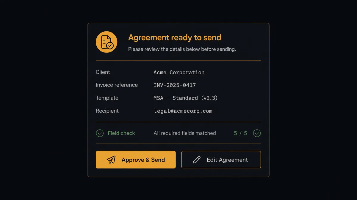 A dark Slack-style approval card on a #0C0E12 field titled "Agreement ready to send"