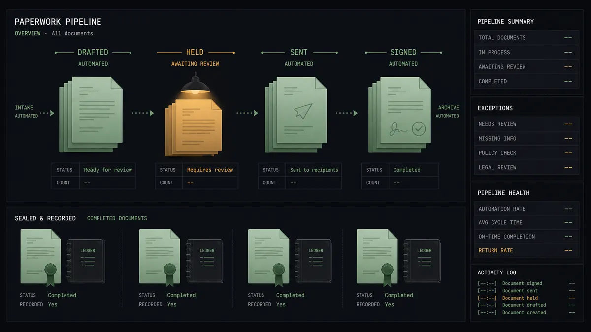 A dark summary panel on a #0C0E12 field showing a paperwork pipeline motif: a row of document sheets progressing left to right through stages marked drafted, held, sent, and signed, rendered in sage green with the held stage under an amber lamp