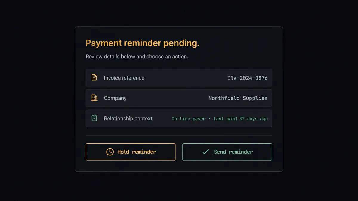 A dark Slack-style approval card on a #0C0E12 background titled "Payment reminder pending