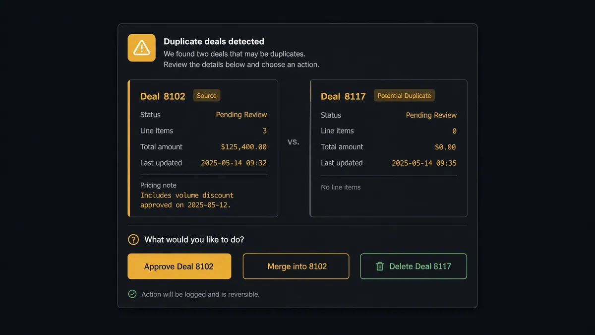 A Slack message card on a dark background comparing two deal records side by side, Deal 8102 with three line items and a pricing note, Deal 8117 empty, with Approve, Merge, and Delete buttons rendered as a Block Kit interactive message