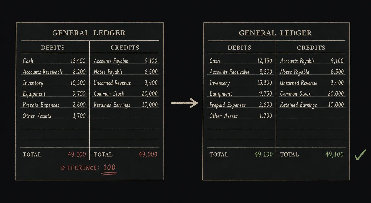 A split composition on a dark background, left half a lopsided ledger bar chart with a gap between two mismatched totals, right half the same ledger with the gap closed and a small checkmark beside it, connected by a single arrow crossing the middle