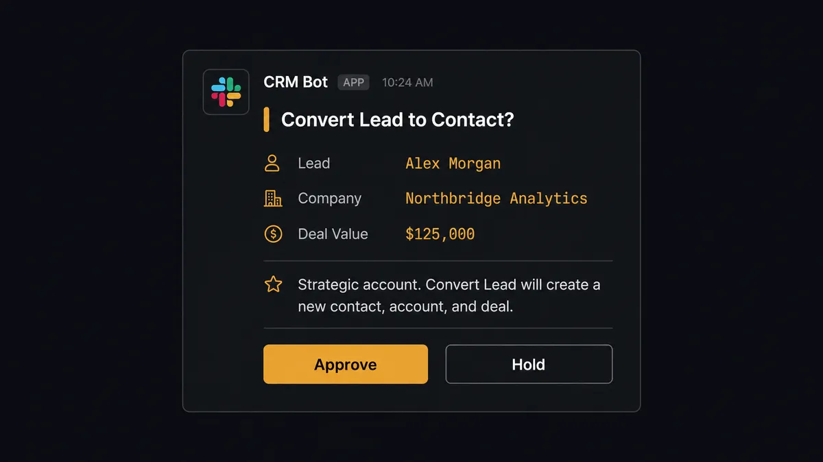 A Slack message card on a dark background showing a lead name, company, and deal value, with a short line reading "Strategic account