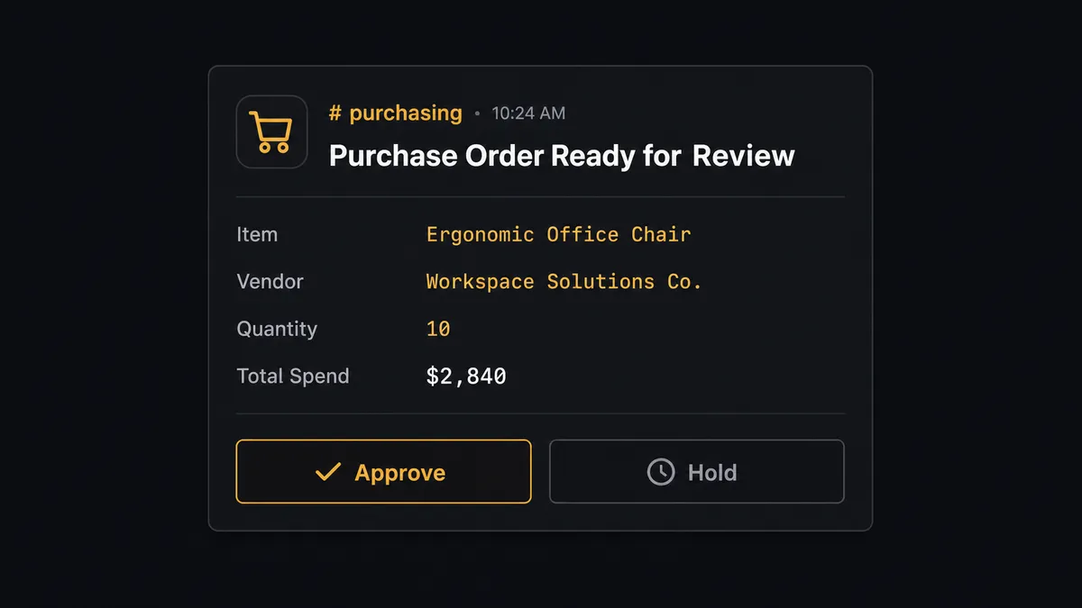 A dark Slack-style message card on a purchasing channel