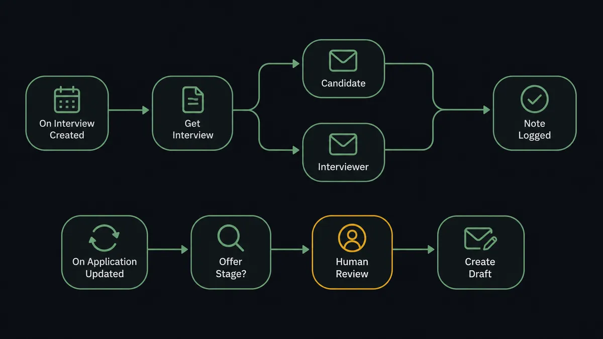 A seven-step pipeline diagram on a dark background, showing a calendar icon labeled "On Interview Created" flowing into "Get Interview," splitting into two envelope icons labeled "Candidate" and "Interviewer," converging into a checkmark labeled "Note Logged," then a second row starting with a status-change icon labeled "On Application Updated," flowing through a magnifying-glass icon labeled "Offer Stage?" into a draft envelope icon labeled "Create Draft