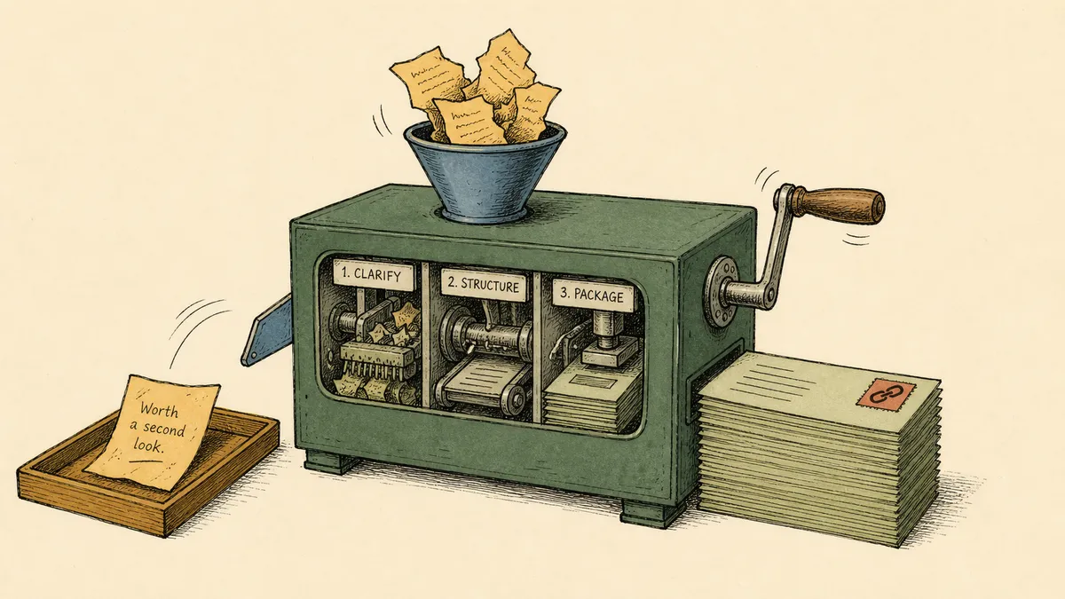 An editorial cartoon of a hand-cranked machine with three internal compartments turning crumpled amber paper into a clean stack of olive-colored forms with terracotta provenance tags, while one paper is deflected to a side tray for review.