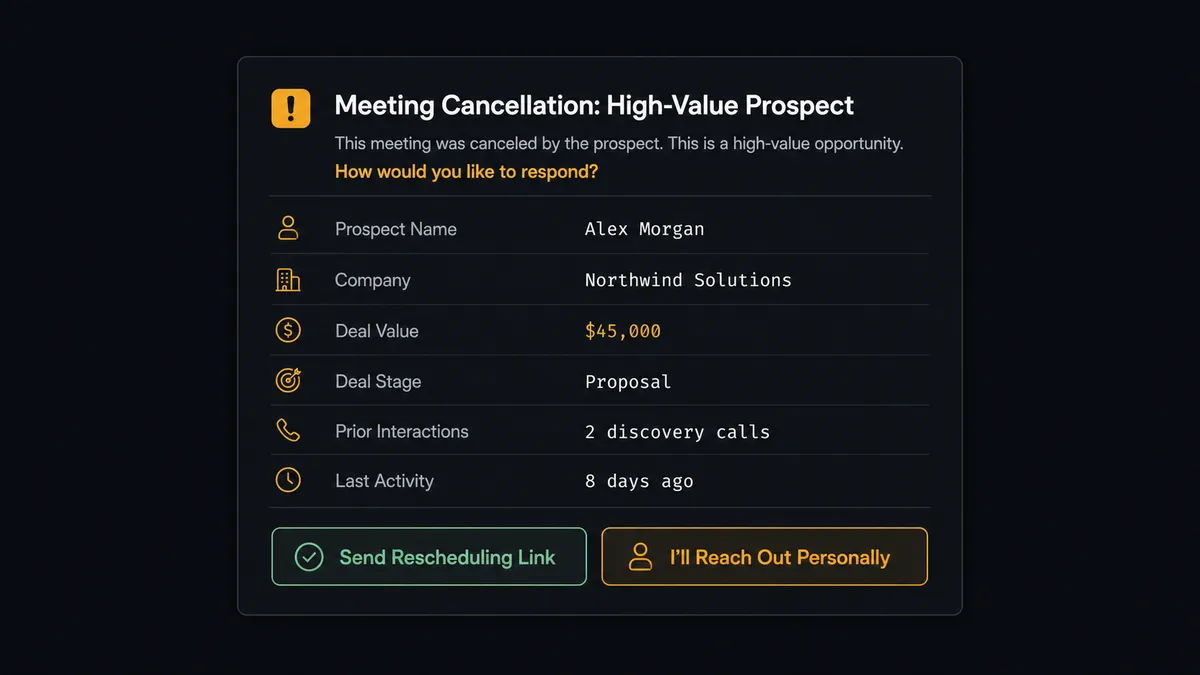 Screenshot of the FlowRunner Slack notification preview showing a high-value cancellation escalation card with deal context fields and Approve / Reach Out Personally buttons