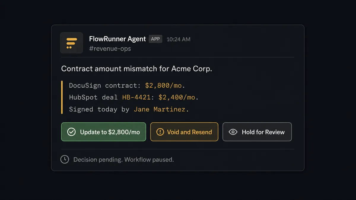 Screenshot of the FlowRunner Slack notification preview showing a contract discrepancy approval card in #revenue-ops with three response buttons