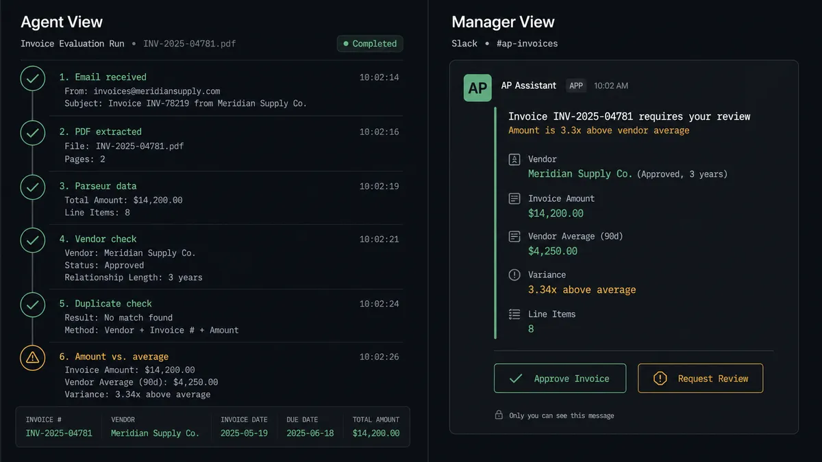 Screenshot of the FlowRunner platform showing a split view with the workflow execution log on the left and the corresponding QuickBooks bill record on the right