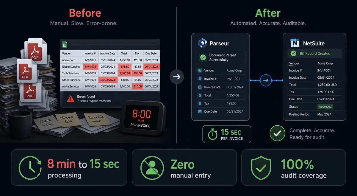 Diagram of a before-and-after comparison panel with a vertical divider, showing the manual AP sequence on the left and the FlowRunner coordinated workflow on the right