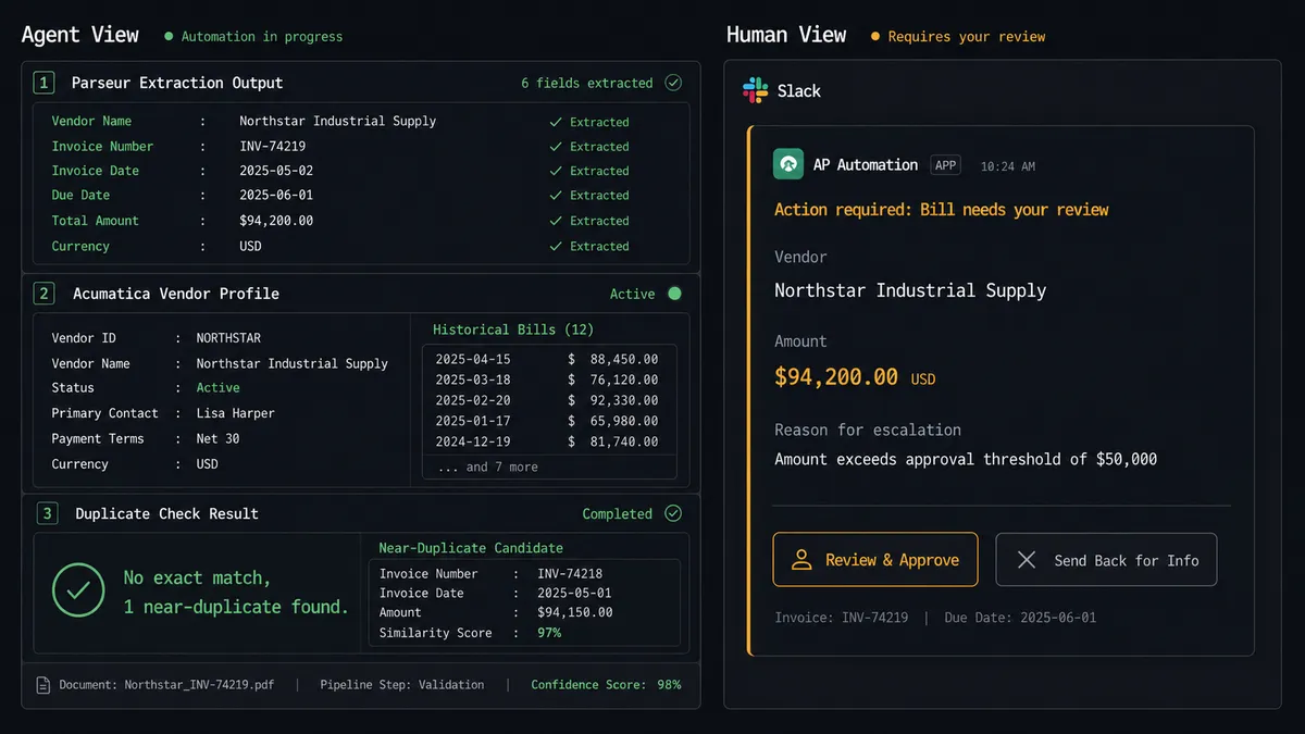 Screenshot of the FlowRunner platform showing a split view with the workflow execution log on the left and the corresponding Acumatica bill record on the right