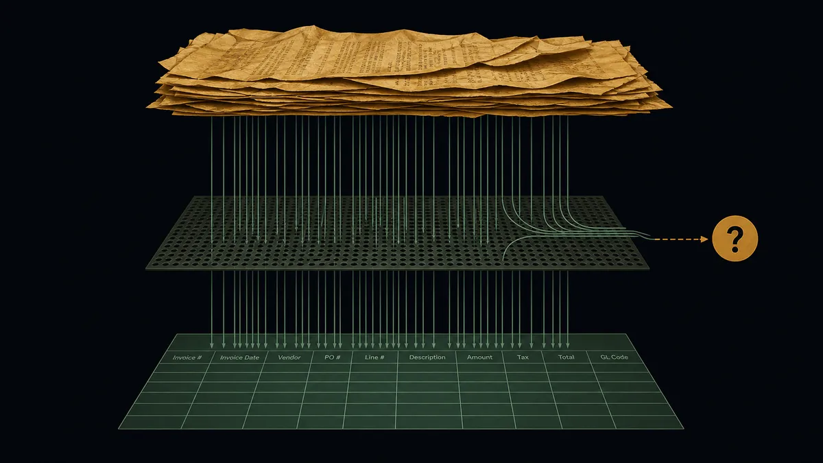 Three horizontal planes on a dark background showing the PDF-to-Excel pattern: amber crumpled documents at the top, a sage green perforated routing grid in the middle with one branch deflected to a reviewer callout, and a clean forest green Excel row grid at the bottom.