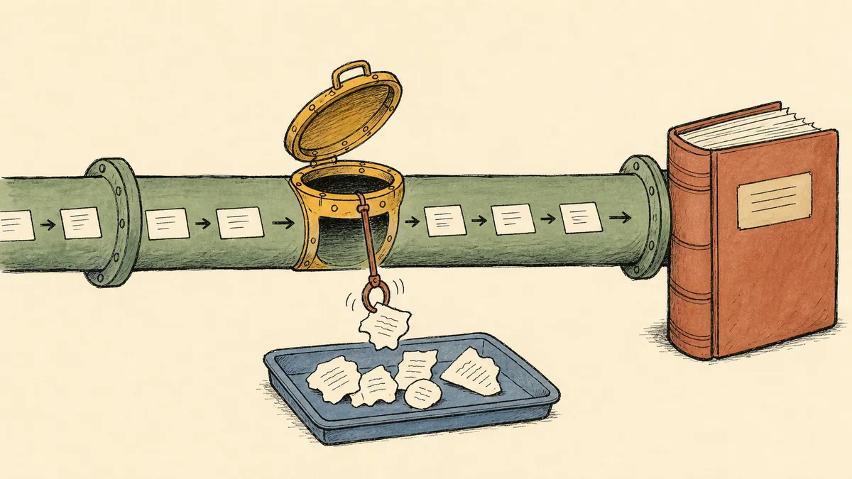 A muted forest green pipe carrying paper transactions to a warm rust ledger book, with an amber inspection hatch midway pulling irregular transactions onto a blue tray while clean ones continue through.