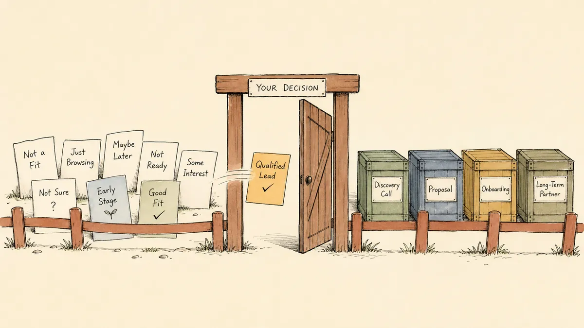 A muted terracotta wooden gate between two sides of a low fence, with letterform paper cards on the left waiting as leads and structured rectangular crates on the right organized as opportunities, an amber card passing through the gate marking the conversion moment.